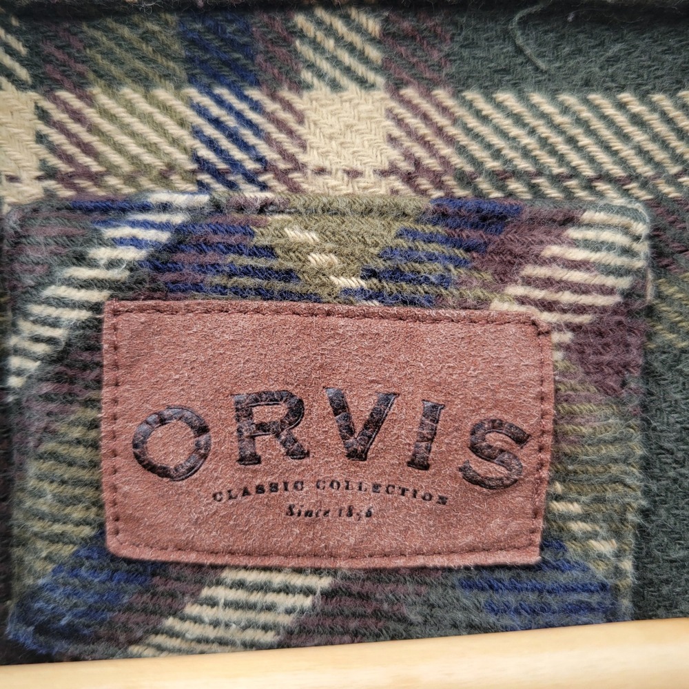 Orvis Mens XL Green Plaid Heavy Cotton Flannel Shirt Jacket Shacket Side Pockets - Picture 3 of 8